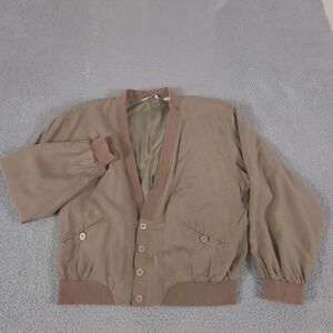 VINTAGE Genelli Jacket Mens XXL Tan Button Up Coat Pure Silk V-Neck Bomber Y2K